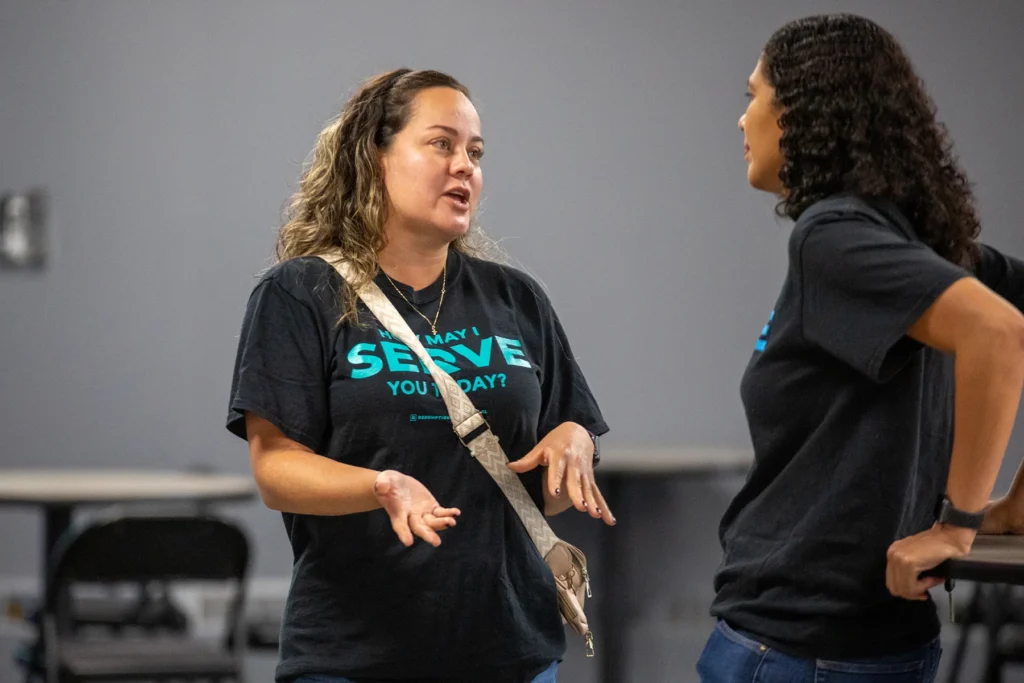 Two woman talking after church