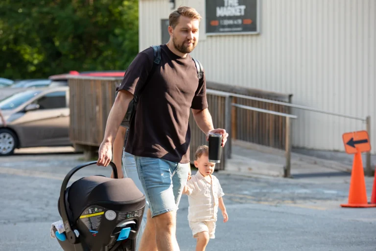 Father and son walking into church